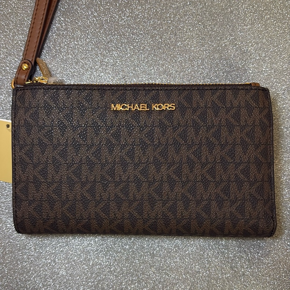 Michael Kors Jet Set Travel Large Double Zip Wristlet Wallet Brown